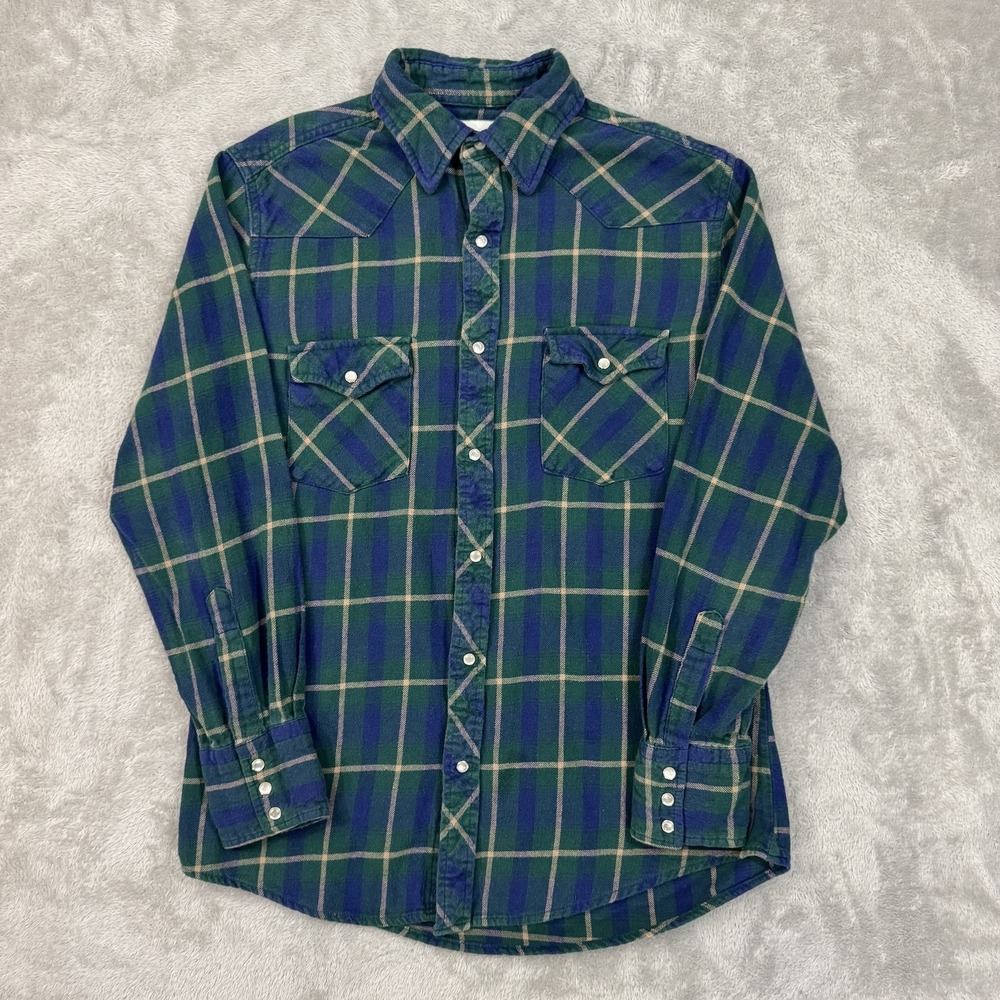 Wrangler Flannel Shirt Mens Medium Wrancher Green Blue Western Pearl Snap Casual